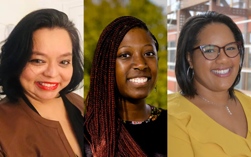 Three women smiling at the camera in separate side-by-side portraits. The first has dark hair and red lipstick, the second has long braided hair, and the third wears glasses and a yellow top.
